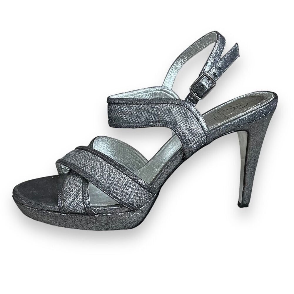 Adrianna Papell 10 silver slate sparkle formal strappy heels platform evening